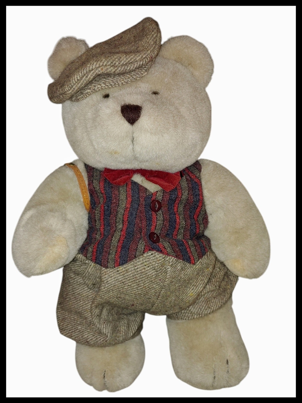 Dapper Golfing Plush Teddy in Striped Vest and Tweed Cap, Vintage